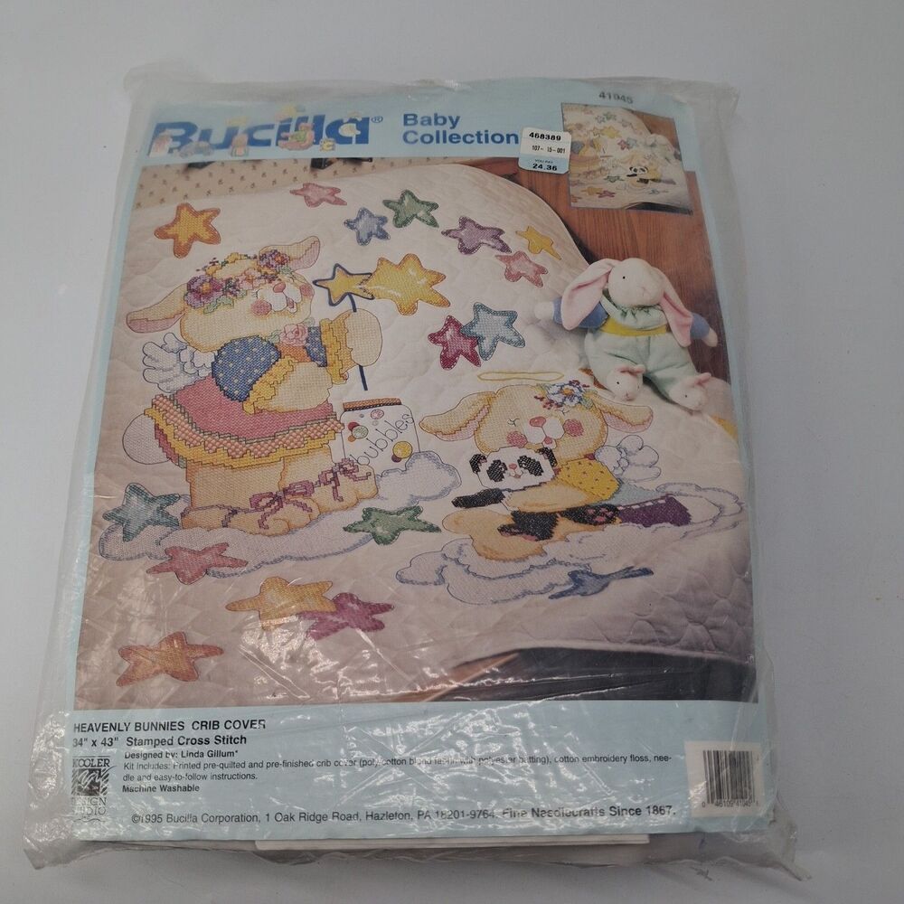 Bucilla Stamped Cross Stitch Heavenly Bunnies Crib Cover Baby Quilt 41045
